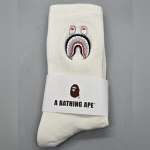 A Bathing Ape BAPE Shark Face Embroidered WHITE Crew Socks